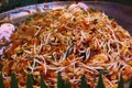 Close up shot of popular Thai food, Pad Thai with a variety of vegetables.