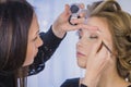 Close up shot. Professional make-up artist applying eyeshadow