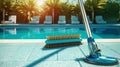 A close-up shot of professional pool cleaning tool, pool brush, neatly arranged by the side of the pool, emphasizing the