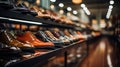 A close up shot of a rack of shoes at retail store Royalty Free Stock Photo