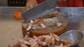 Close up shot of raw meat preparation for cooking in market