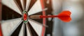 Close up shot red darts arrows in the target of dartboard center on dark blue sky background. Business target or goal Royalty Free Stock Photo