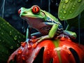 Close up shot of a red-eyed tree frog in amazon rain forest