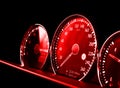 Close up shot of a red speedometer in a car. Car dashboard. Dashboard details with indication lamps.Car instrument panel. Dashboar Royalty Free Stock Photo