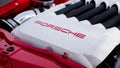Close up shot of a red and white Porsche Engine Royalty Free Stock Photo