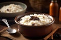 Close up shot of rice pudding garnished with anise and raisin. gourmet food photography.