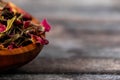 Close up shot of rose petals with defocused background and copy space