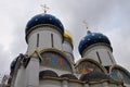 Close-up shot of Russian cathedral with blue onion domes, the Golden Ring of Russia, the Holy Trinity of Lavra, Sergiyev Posad
