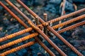 Close up shot of rusty rebar rods for construction reinforcement