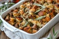 A close-up shot of sausage stuffing in a white casserole dish Royalty Free Stock Photo