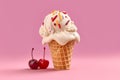 A close-up shot of a scoop of creamy vanilla ice cream topped with colorful sprinkles and a cherry, sitting on a waffle cone