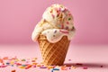 A close-up shot of a scoop of creamy vanilla ice cream topped with colorful sprinkles and a cherry, sitting on a waffle cone