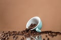 Coffee cup and coffee beans on color background Royalty Free Stock Photo