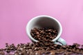 Coffee cup and coffee beans on color background Royalty Free Stock Photo