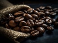 Coffee beans roasted with burlap sack background Close-up Royalty Free Stock Photo