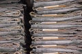 Close up shot of selection of jeans on shelf Royalty Free Stock Photo