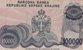 Close-up shot of the Serbian banknote of 100000 Dinara