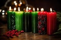 close-up shot of seven black, red, and green candles