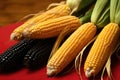 close-up shot of seven ears of corn placed next to kwanzaa kinara Royalty Free Stock Photo