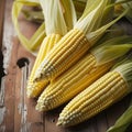 Fresh Yellow Corn Cobs with Green Husks on Rustic Wooden Surface maize kernels Royalty Free Stock Photo