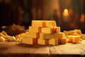 Close-up shot of several pieces of cheese arranged on a table.