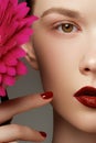 Close-up shot of woman lips with red lipstick and beautiful Royalty Free Stock Photo