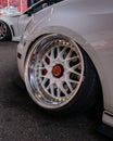 Close up shot of a shiny white Honda wheel