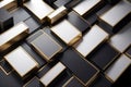 Geometric arrangement of black, white, and gold rectangular blocks creates an abstract mosaic Royalty Free Stock Photo
