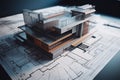 A close-up shot shows a mock-up of a future villa made of wood and paper on a construction drawing, highlighting the