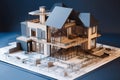 A close-up shot shows a mock-up of a future villa made of wood and paper on a construction drawing, highlighting the