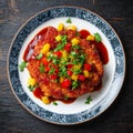 Close up of schnitzel with sauce and vegetables on a patterned plate Royalty Free Stock Photo