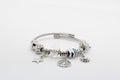 Close-up shot of a silver Pandora hand bracelet with charms isolated on a white background Royalty Free Stock Photo