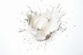 Close up shot of a single splash of milk suspended in mid air, isolated on a pure white background