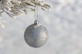 Close up shot of a single white glittering Christmas ball decoration hanging off a Christmas tree outside, partially covered in Royalty Free Stock Photo