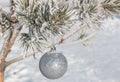 Close up shot of a single white glittering Christmas ball decoration hanging off a Christmas tree outside, partially covered in Royalty Free Stock Photo