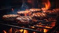 Close-up shot of sizzling meat on grill with flames, creating aromatic and inviting ambiance