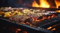 Close-up shot. sizzling meat on grill with flames dancing, evoking smell and warmth