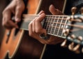 Close-Up Shot Of Skilled Musician Playing Vintage Guitar - Generative AI Royalty Free Stock Photo