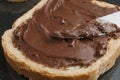 Close-up shot of a slice of cereal bread with chocolate hazelnut cream spread Royalty Free Stock Photo