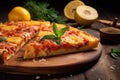 close-up shot of a slice of pineapple pizza on a rustic wooden table Royalty Free Stock Photo