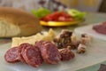 Serbian breakfast with sliced domestic sausage, bacon, ham and cheese.