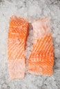 close-up shot of slices of salmon on crushed ice