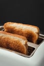 Close-up shot of slightly burnt white bread toasts sticking out of a toaster on the black background. Ready toasts with a dark Royalty Free Stock Photo