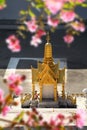 Close up shot of small temple model of buddhist spirit house in