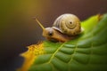 Close-up shot of a snail crawling on a green leaf. Generated by AI Royalty Free Stock Photo