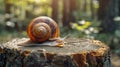 Close up shot of a snail crawling on a tree stump in the forest, displaying accelerated movement Royalty Free Stock Photo