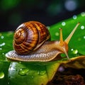 A close-up shot of a snail on a leaf