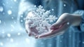 A close-up shot of snowflake on hand creating a fresh