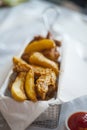 A basket of potato wedges and fried chicken wings