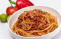 Close up shot of Spaghetti with minced beef tomato sauce